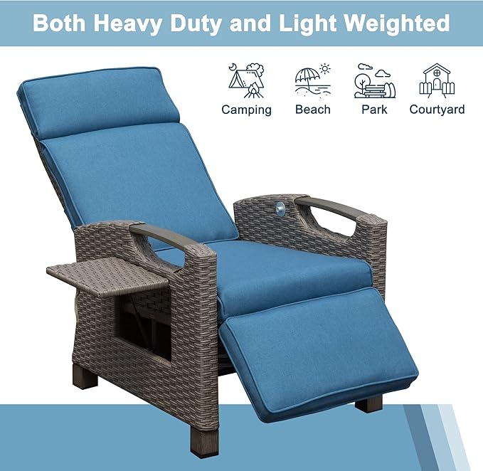 Domi Outdoor Recliner Chair, Patio Recliner with Hand-Woven Wicker, Flip Table Push Back, Adjustable Angle, Thickness Cushions, Reclining Lounge Chair for Indoor & Outdoor, Navy Blue