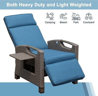 Domi Outdoor Recliner Chair, Patio Recliner with Hand-Woven Wicker, Flip Table Push Back, Adjustable Angle, Thickness Cushions, Reclining Lounge Chair for Indoor & Outdoor, Navy Blue