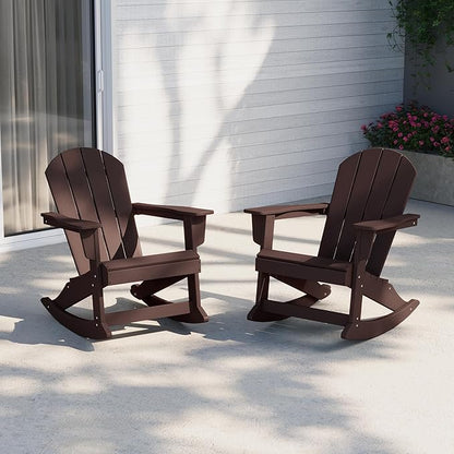 Costaelm Outdoor Adirondack Chair Set of 2, All Weather Resistant Classic Balcony Chair and Fire Pit Chairs, Plastic Outdoor Porch Furniture Rocking Chair High Back HDPE Poly Lumber, Dark Brown