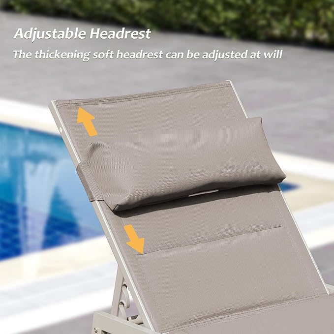 Domi Patio Chaise Lounge Set of 2 with Side Table, Adjustable Full Aluminum Pool Lounge Chairs with Wheels - Photo 2
