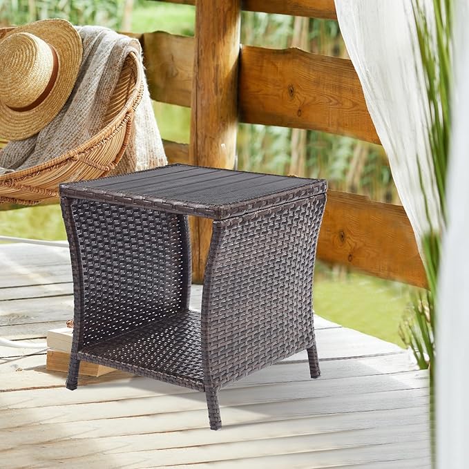 Outdoor Side Table for Patio Small Rattan Wicker Coffee Table Balcony Table Outside End Table with Poly Lumber Table Top & Storage Bistro Table for Garden Porch Deck Living Room Backyard Brown | Patio, Balcony Table, Outside End Table, Storage, Garden,...