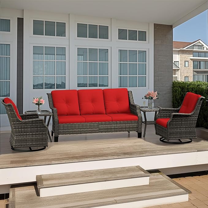5 Piece Patio Furniture Set, 3-Seater Couch, 2 Swivel Glider Chairs and 2 Side Tables - Photo 1