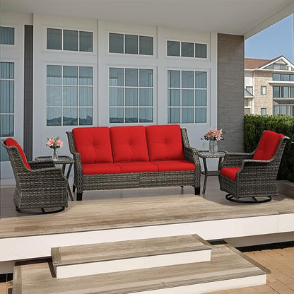 5 Piece Patio Furniture Set, 3-Seater Couch, 2 Swivel Glider Chairs and 2 Side Tables, Outdoors Rattan Conversation Set with Deep Seating and Olefin Cushions, for Backyard, Garden, Red