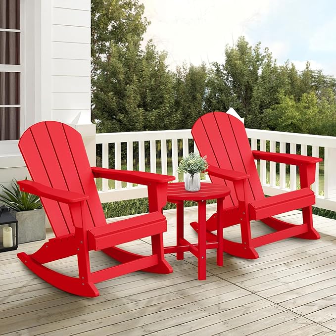 Costaelm Outdoor Adirondack Chair, All Weather Resistant Classic Balcony Chair and Fire Pit Chairs, Adirondack Plastic Outdoor Porch Furniture Rocking Chair High Back HDPE Poly Lumber, Red