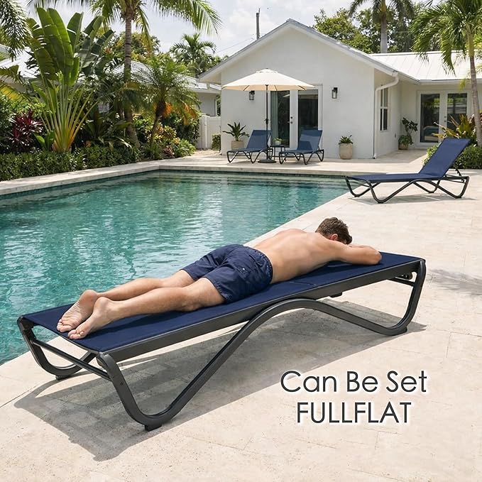 Kozyard Patio Chaise Lounge Chair Outdoor Reclining Adjustable Chair Flat Recline Adjustable Lounge Chair for Sunbathing, Patio, Beach, Lounge (NavyBlue)