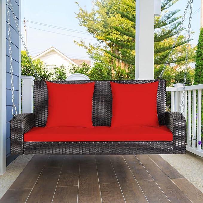 Tangkula 2-Person Wicker Porch Swing, Patiojoy Outdoor Rattan Hanging Swing Bench W/ 2 Back Cushions & 1 Seat Cushion - Photo 3