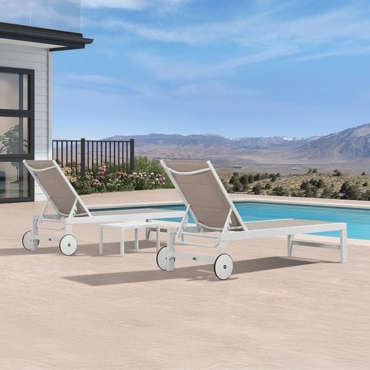 PURPLE LEAF Outdoor Chaise Lounge Set Elderly-Friendly Straight Legs Adjustable Sunbathing Recliner with Side Table for Back Support Patio Poolside Beach Lounge Chairs Khaki