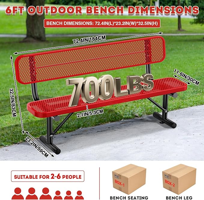 6Ft Heavy Duty Park Bench with Back Portable Frame, Outdoor Steel Bench with Backrest, Expanded Metal Mesh Bench for Lawn, Park, Deck, Garden, Patio, Porch, Red