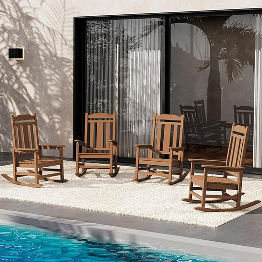 SERWALL Oversized Rocking Chair Set of 4 Outdoor, HDPE Outdoor Rocking Chair Set of 4, Brown