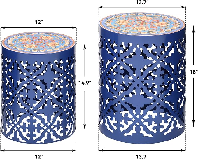 2-Pack Outdoor Side Table, Modern Decorative Coffee Table with Vintage Scroll Cut-Out Design, Heavy Duty Metal Mosaic Table with No Assembly, Industrial Round Garden Stool for Patio, Indoor
