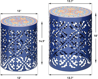 2-Pack Outdoor Side Table, Modern Decorative Coffee Table with Vintage Scroll Cut-Out Design, Heavy Duty Metal Mosaic Table with No Assembly, Industrial Round Garden Stool for Patio, Indoor