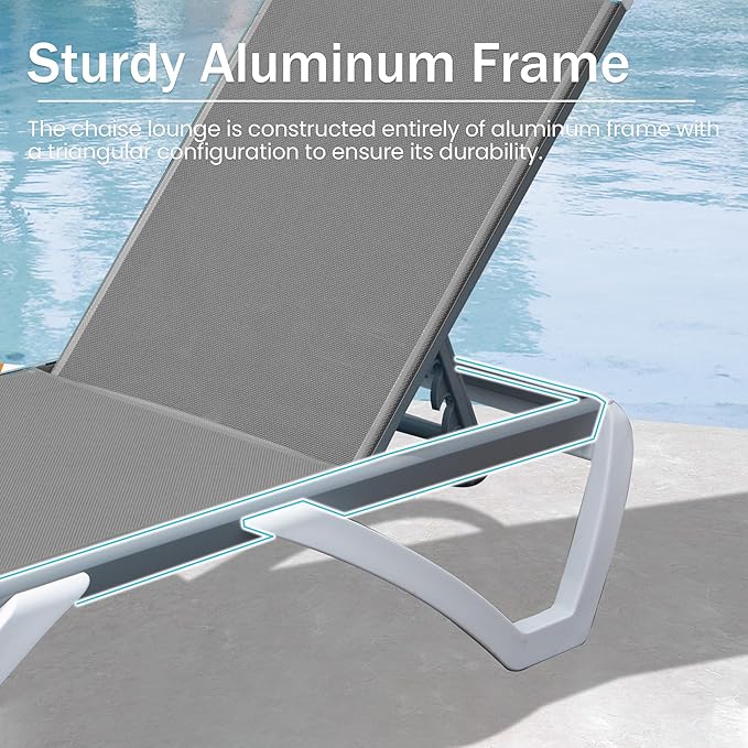 Domi Outdoor Chaise Lounge Chair, Aluminum Patio Lounge Chair with 5 Position Adjustable Backrest and Side Table, for Poolside, Beach, Yard(1 Grey Chair W/Table)