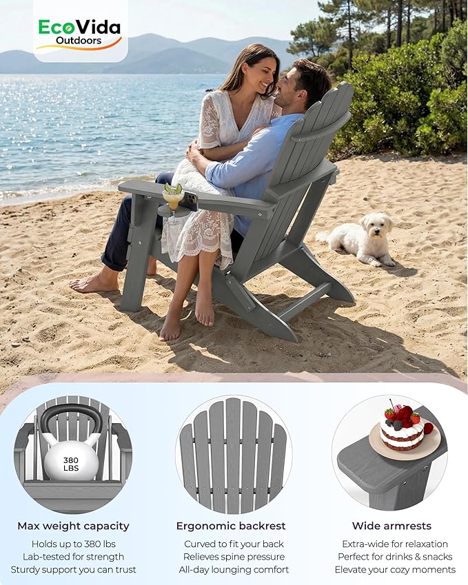 Oversized Adirondack Chair with Dual Cup Holders, Ergonomic High Back HDPE Fire Pit Chair, 380lbs Capacity All-Weather Outdoor Patio Lounge Chair for Garden, Deck, Yard - Grey