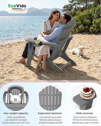 Oversized Adirondack Chair with Dual Cup Holders, Ergonomic High Back HDPE Fire Pit Chair, 380lbs Capacity All-Weather Outdoor Patio Lounge Chair for Garden, Deck, Yard - Grey