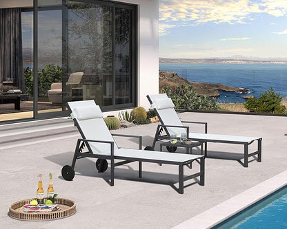 PURPLE LEAF Patio Lounge Chair Set Outdoor Chaise Lounger Aluminum Frame with Armrest 2 Side Table and Wheels for Pool Outside Sunbathing Tanning Recliner Including Pillows White