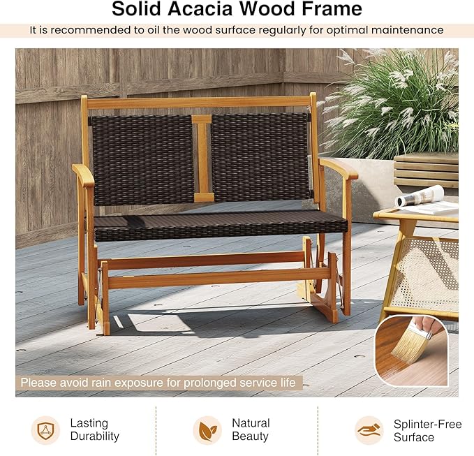 HAPPYGRILL Outdoor Glider Bench Acacia Wood Porch Glider with Rattan Seat and Backrest, Curved Armrests, 2-Person Swing Rocking Chair for Patio, Backyard, Garden, Balcony