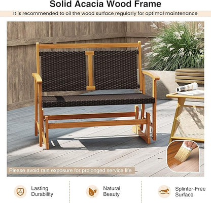 HAPPYGRILL Outdoor Glider Bench Acacia Wood Porch Glider with Rattan Seat and Backrest, Curved Armrests, 2-Person Swing Rocking Chair for Patio, Backyard, Garden, Balcony