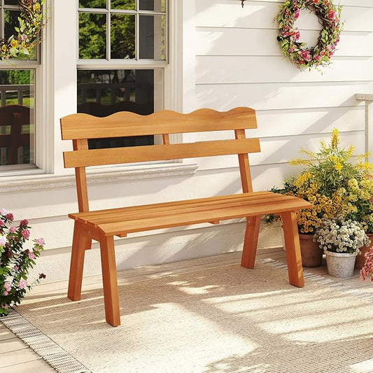 Tangkula Acacia Wood Outdoor Bench with Backrest, 2-Person Patio Garden Bench with Waved Backrest and Slatted Seat, 800 lbs Weight Capacity, Outside Loveseat for Front Porch, Balcony, Backyard, Park