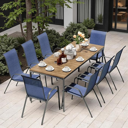 MAMIZO Patio Dining Chairs, Stackable All Weather Teslin Chair, Heavy Duty Outdoor Breathable Chairs Set, w/Armrests, Upgraded Chair FeetW/Strenthened Iron Spacers, 330 LBS (8, Navy Blue)