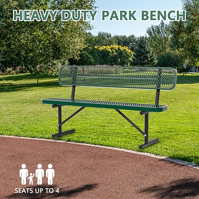 6ft Park Benches for Outside, Green Garden Benches Weatherproof with Backrest - Heavy-Duty Metal Bench for Patio Porch Backyard School Sports Church Locker Room Bench Commercial-Grade Seating