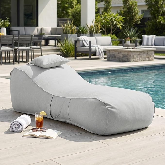 Merax Outdoor Bean Bag Chairs with Headrest, 71" L Large Lounger Chair for Adults Bean Bag Bed with Foam Filled for Patio Pool Balcony & Desk, Water-Repellence Fabric Outside Beanbag Chair, Grey