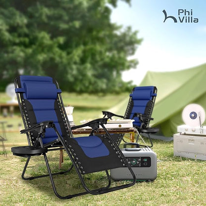 PHI VILLA Oversized Padded Zero Gravity Chair Set of 2, Foldable Patio Recliner, 26" Wide Seat Anti Gravity Lounger with Armrest and Cup Holder, Support 350 LBS (Navy Blue)