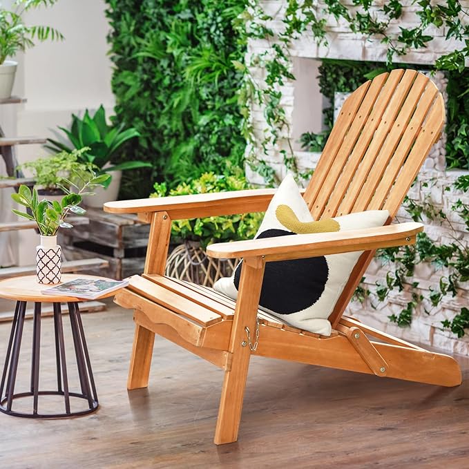 HAPPYGRILL Eucalyptus Wood Adirondack Chair Outdoor Folding Lounger Chair for Porch Deck Patio Poolside and Backyard