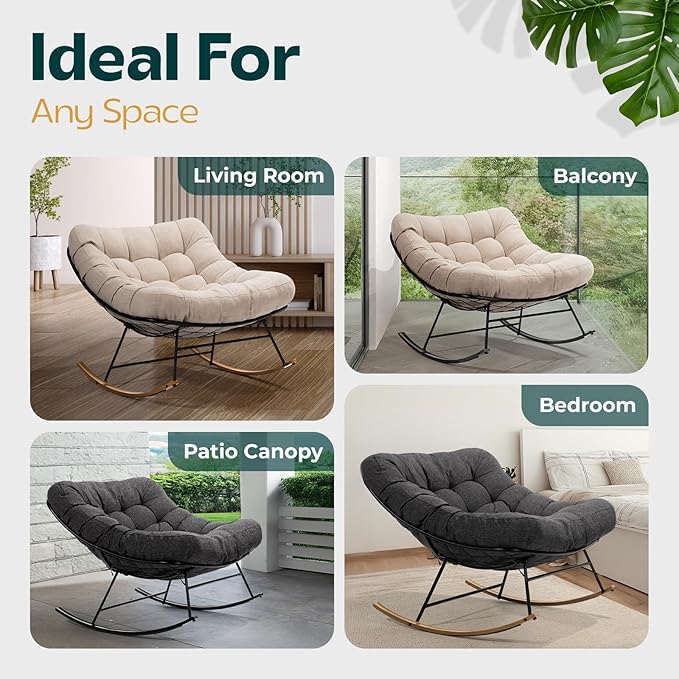 Bme Patio Rocking Chair Outdoor & Indoor, Beige Cushion - Wood Texture Rocker, Metal Patio Lounge Rocking Chair with Thick Cushion, Comfy Modern Rocker Chair for Living Room, Porch, Backyard