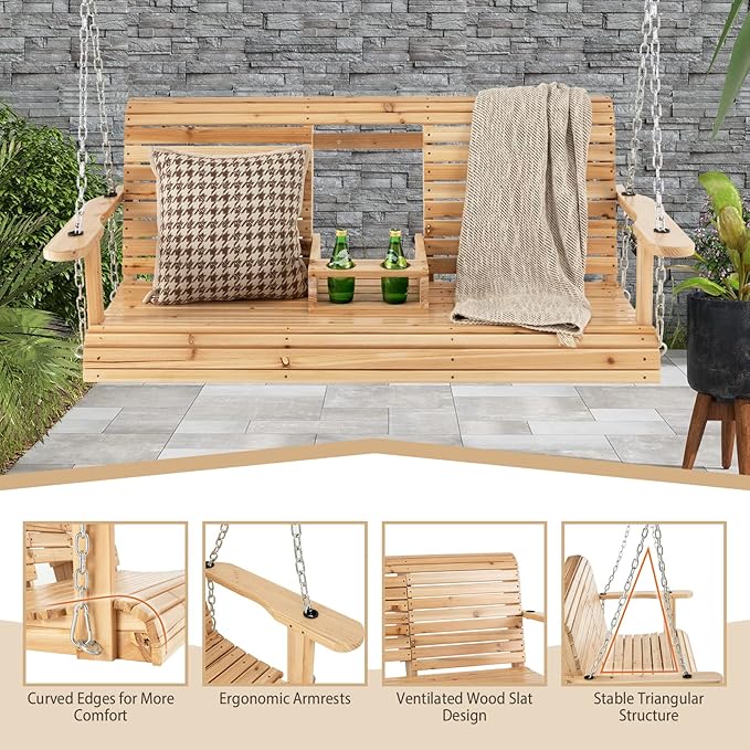 Tangkula 2 Person Hanging Porch Swing, Outdoor Bench Swing with Adjustable Chains, Foldable Cup Holders, High Back - Photo 4