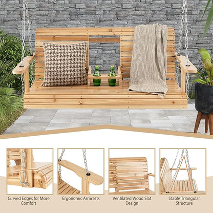 Tangkula 2 Person Hanging Porch Swing, Outdoor Bench Swing with Adjustable Chains, Foldable Cup Holders, High Back, Cozy Armrests, Wooden Hanging Swing Chair for Backyard Deck Garden Natural