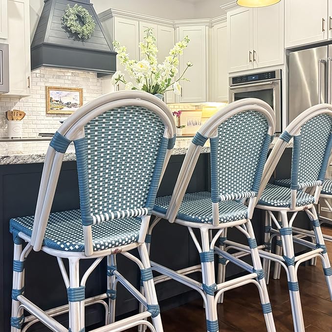 PURPLE LEAF French Bar Stool Set of 4 White Print Finish Patio Bar Stools with Back Rattan Bar Chairs Wicker Bar Height - Photo 3