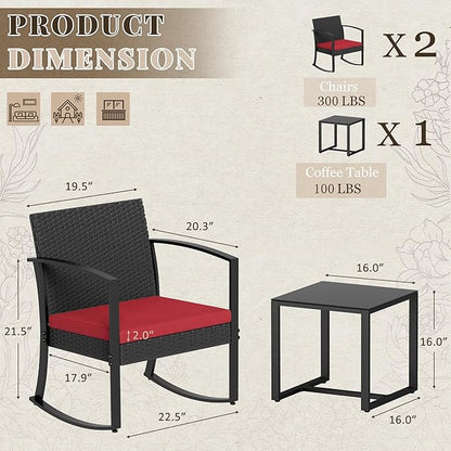 Homall Patio Furniture Set 3 Piece Resin Outdoor Bistro Set Rocking Patio Chairs with Cushions and Table for Porch, Poolside, Balcony and Yard (Red)