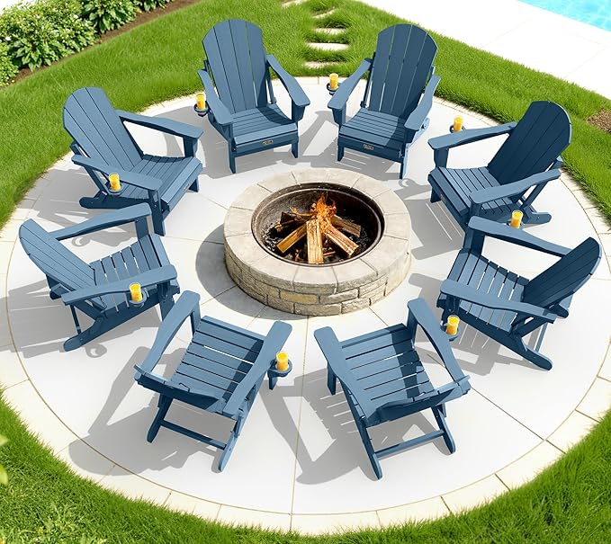 SERWALL Folding Adirondack Chair with Cup Holder Set of 2, All Weather Adirondack Chairs, Wooden Textured Fire Pit Chairs for Patio Garden Outdoors Fire Pit - Blue