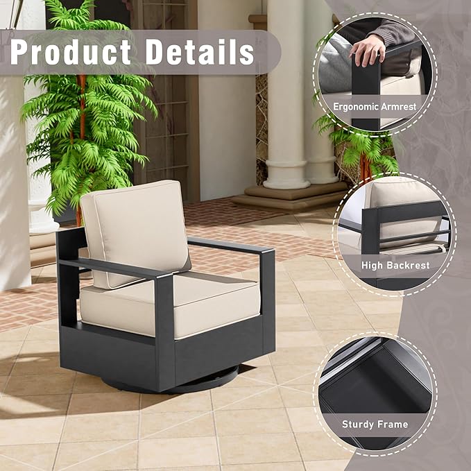 Outdoor Aluminum Furniture Set, 3-Piece Patio Conversation Set, 2 Swivel Chairs and 1 Sofa, All-Weather Metal Frame - Photo 5