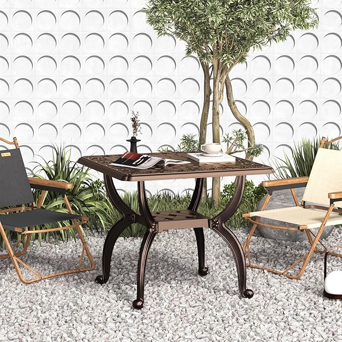Square Outdoor Coffee Table Set of 2, Cast Aluminum Side Table with Storage,Indoor End Table, All-Weather Bistro Table for Patio Garden Lawn, Bronze