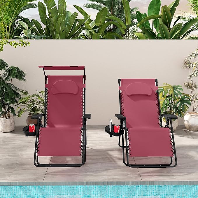 Goplus Zero Gravity Chairs, X-Large Folding Lounge Lawn Chair w/Canopy Shade & Cup Holder - Photo 2