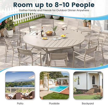Patio Dining Table for 8-10, Round Metal Outdoor Table with Storage Shelf, 1.57" Umbrella Hole, 63" Outdoor Quartered Tabletop Dining Table for Backyard, Porch, Lawn, Sand