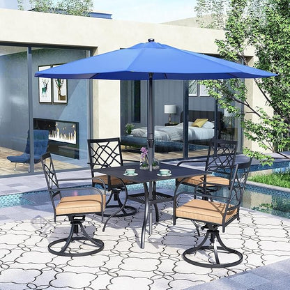 SUNCROWN 5 Pieces Outdoor Dining Set Metal Swivel Cushioned Chairs Patio Furniture Sets with Steel Slat Bistro Table and Sky Blue 9Ft Patio Umbrella for Backyard, Lawn, Garden, Deck, Poolside