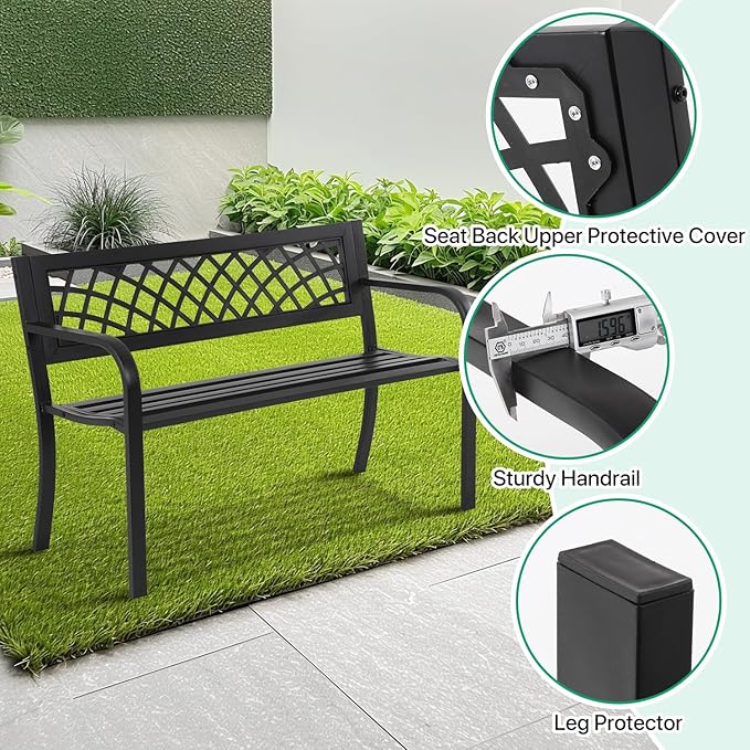 Dkeli Patio Outdoor Bench Park Metal Sturdy Cast Iron Garden Benches Porch Chair Seat Furniture with Armrests 480BLS Bearing Capacity for Park Yard Deck Entryway, Black