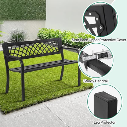 Dkeli Patio Outdoor Bench Park Metal Sturdy Cast Iron Garden Benches Porch Chair Seat Furniture with Armrests 480BLS Bearing Capacity for Park Yard Deck Entryway, Black