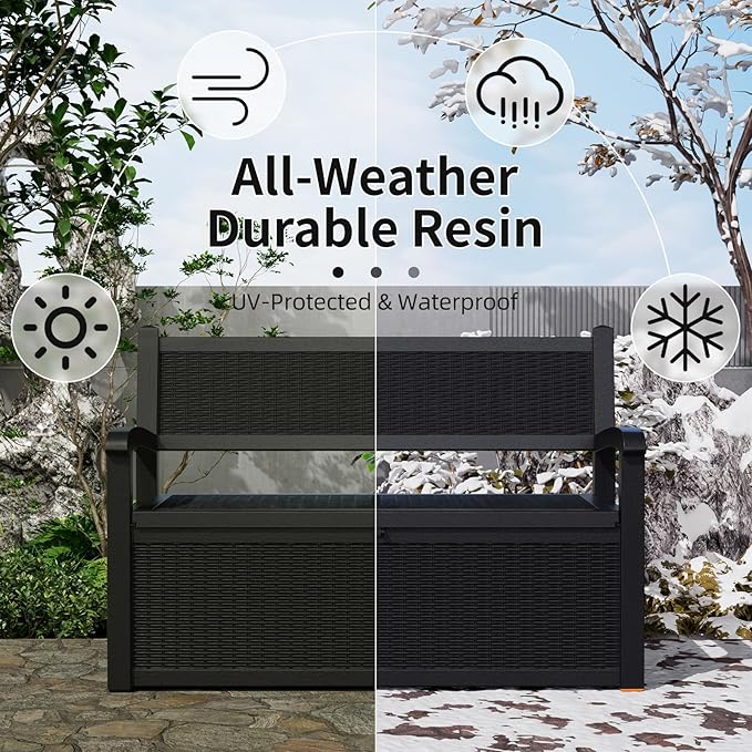 Vixzen 80 Gallon Outdoor Storage Bench Deck Box, Lockable All-Weather Resin Seating with Hidden Storage, Waterproof Patio Furniture for Garden, Pool, Black