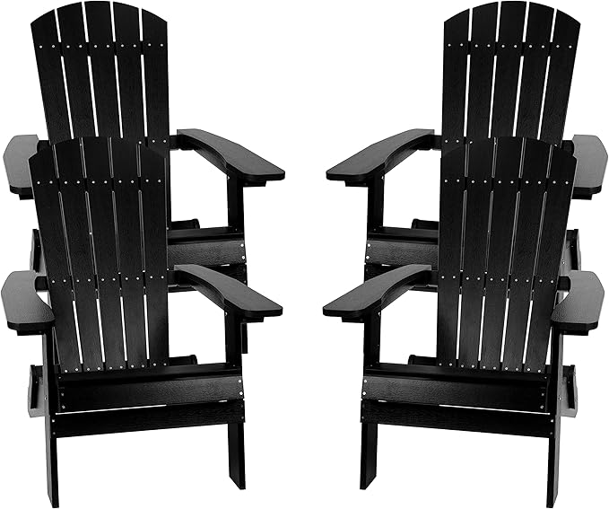 Flash Furniture Charlestown Folding Adirondack Chair - Black - Poly Resin - Indoor/Outdoor - Weather Resistant - Set of 4