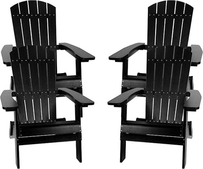Flash Furniture Charlestown Folding Adirondack Chair - Black - Poly Resin - Indoor/Outdoor - Weather Resistant - Set of 4