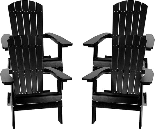 Flash Furniture Charlestown Folding Adirondack Chair - Black - Poly Resin - Indoor/Outdoor - Weather Resistant - Set of 4