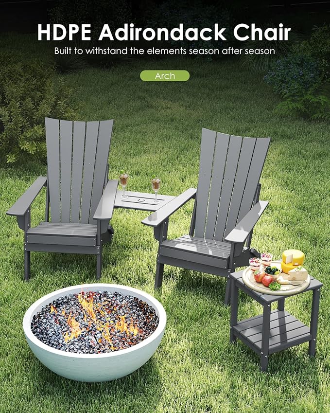 GREENVINES Folding-Adirondack-Chairs-Set-of-2 | HDPE Plastic | Arch Series | Fire Pit Chair | with Connecting Tray | Removable Table | All Weather | for Outdoor Patio Deck Poolside | Grey