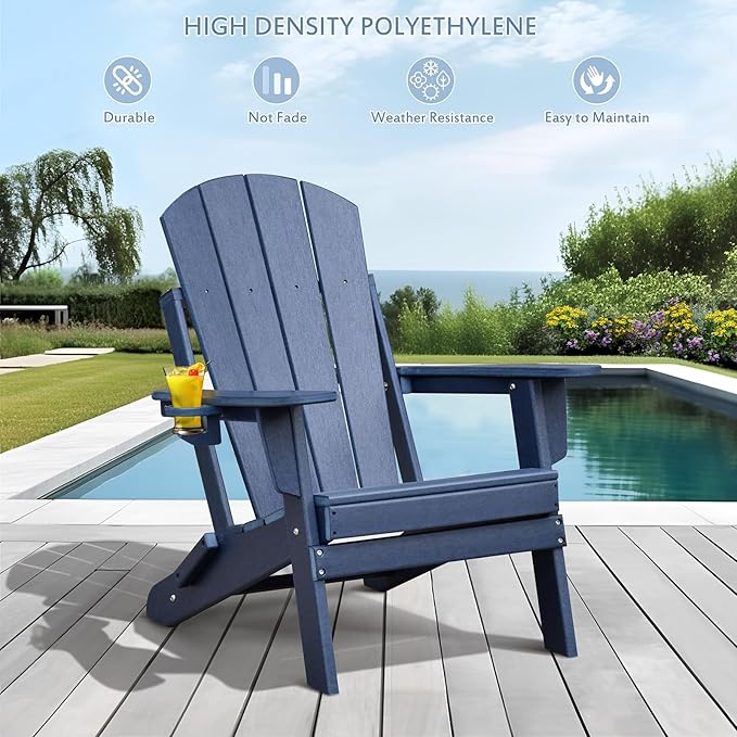 ATR ART TO REAL Folding Adirondack Chairs, HDPE Weather Resistant Outdoor Firepit Chairs with Cup Holder, Patio Folding Chairs for Garden, Lawn, Backyard, Deck, Fire Pit(Navy Blue)