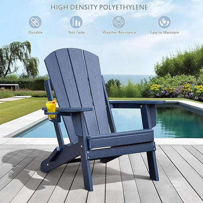 ATR ART TO REAL Folding Adirondack Chairs, HDPE Weather Resistant Outdoor Firepit Chairs with Cup Holder, Patio Folding Chairs for Garden, Lawn, Backyard, Deck, Fire Pit(Navy Blue)
