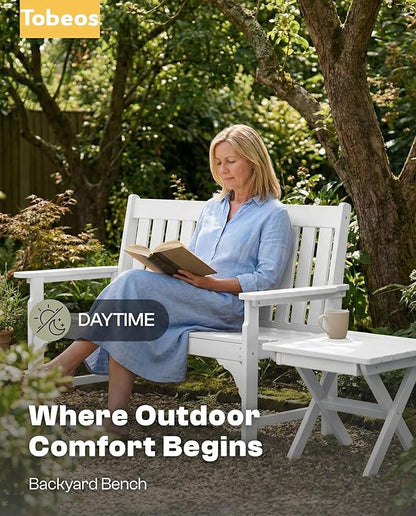 2-Person Outdoor Garden Bench, HDPE All-Weather Patio Bench with Backrest & Armrests, Heavy Duty Outdoor Seating for Porch, Backyard & Park, 660 lbs (White, 1 Bench)