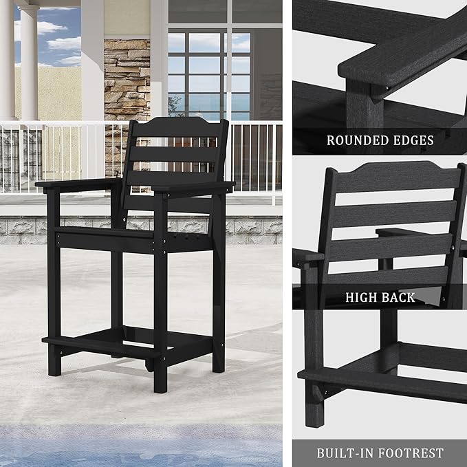 Tall Adirondack Bar Stool, Heavy-Duty Counter Height Chair with Ergonomic Seat, Durable Patio Barstool for Backyard, Deck, Poolside, Black