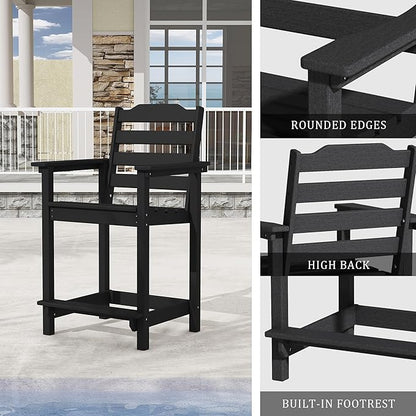 Tall Adirondack Bar Stool, Heavy-Duty Counter Height Chair with Ergonomic Seat, Durable Patio Barstool for Backyard, Deck, Poolside, Black